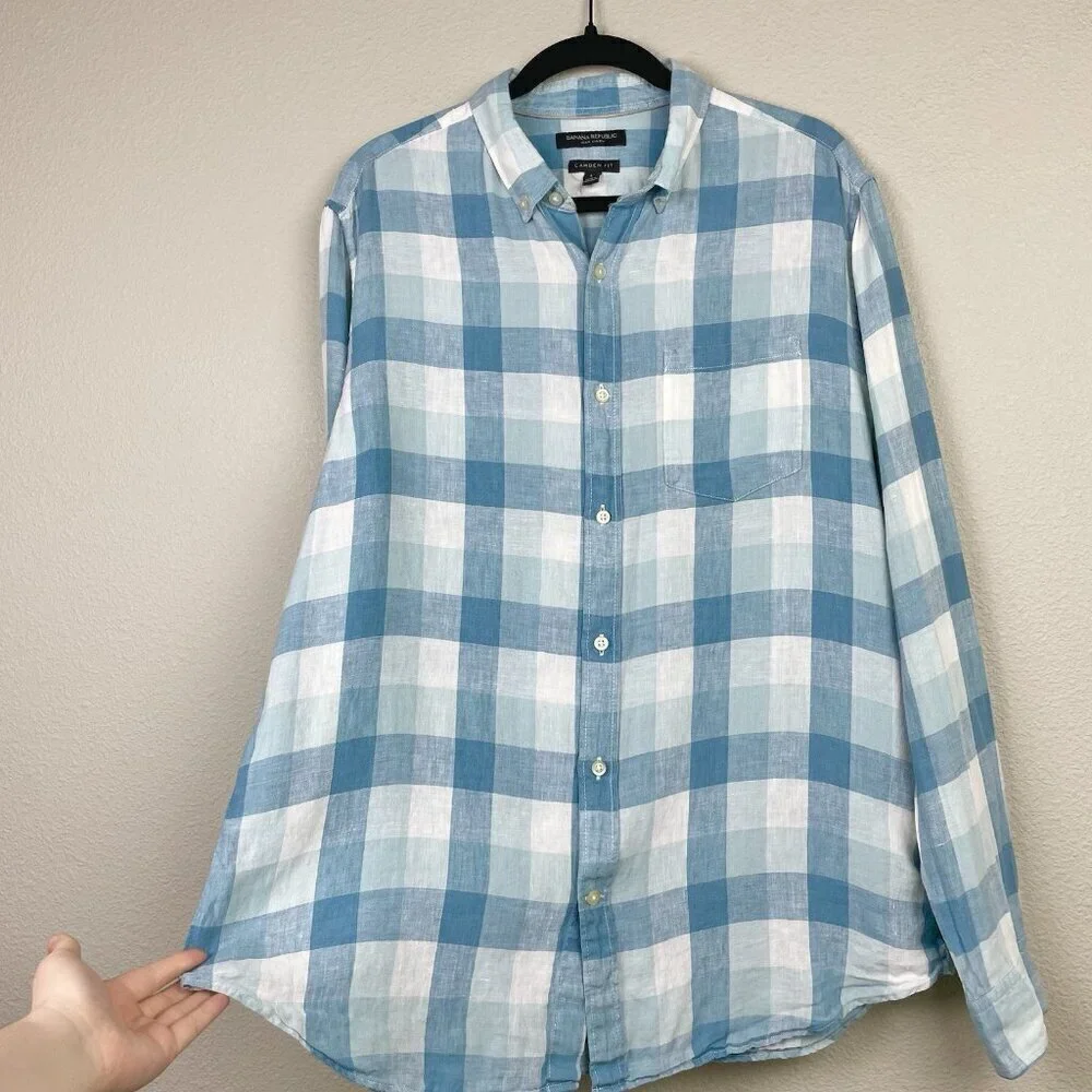 Banana Republic Men's Large Camden Fit 100% Linen Plaid Shirt Collare Button Blu
